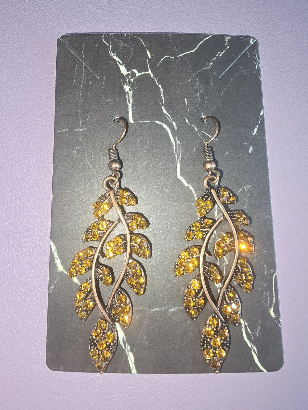 Gold-Tone Yellow Crystal Leaf Drop Earrings